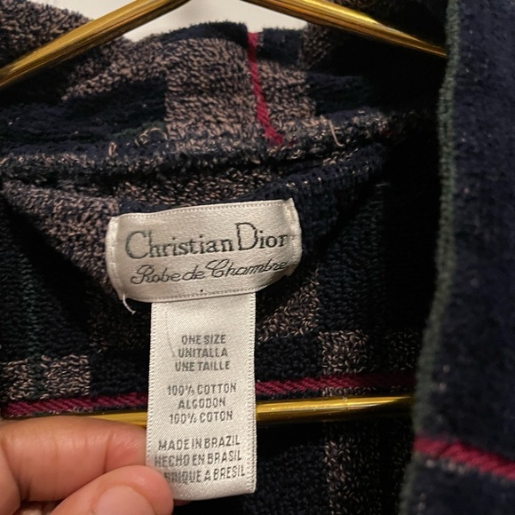 VTG Christian Dior terry cloth 100% cotton bath robe plaid men’s with belt! - Picture 4 of 9